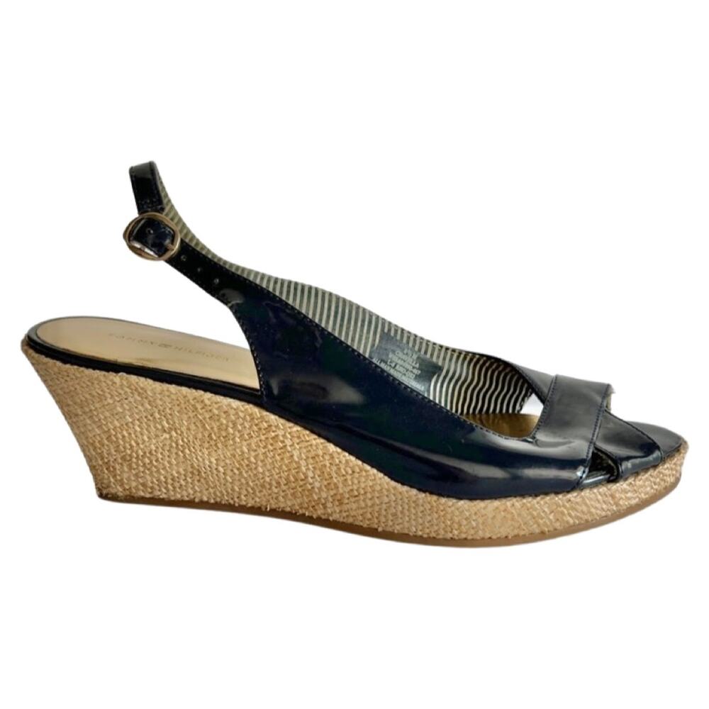 Tommy Hilfiger Navy Blue Patent Peep Toe Slingback Wedge Espadrille size 8.5 - Picture 3 of 7